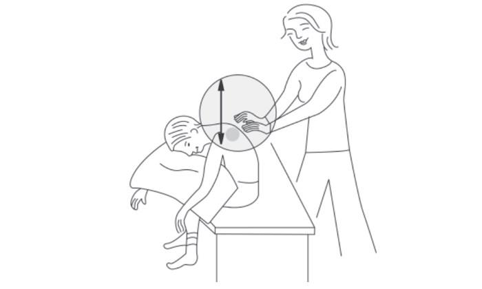 This illustration shows how to do chest percussion on a child's upper back chest - upper lobes.