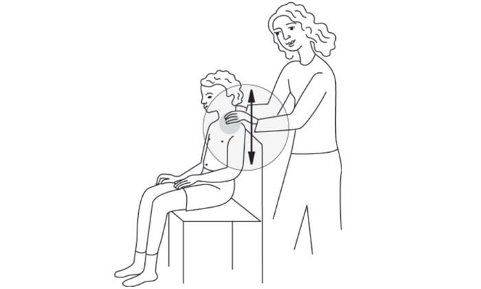 This illustration shows how to do chest percussion on a child's upper front chest - upper lobes.