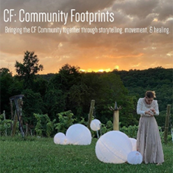 A young woman landing in a field at sunset wearing a long dress with text overlaying the image saying "CF Community Footprints: Bringing the CF community together through storytelling, movement and healing." 