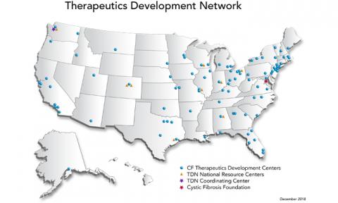 This map of the U.S. shows the location of all the Therapeutics Development Centers, the TDN National Resource Centers, and the TDN Coordinating Center.